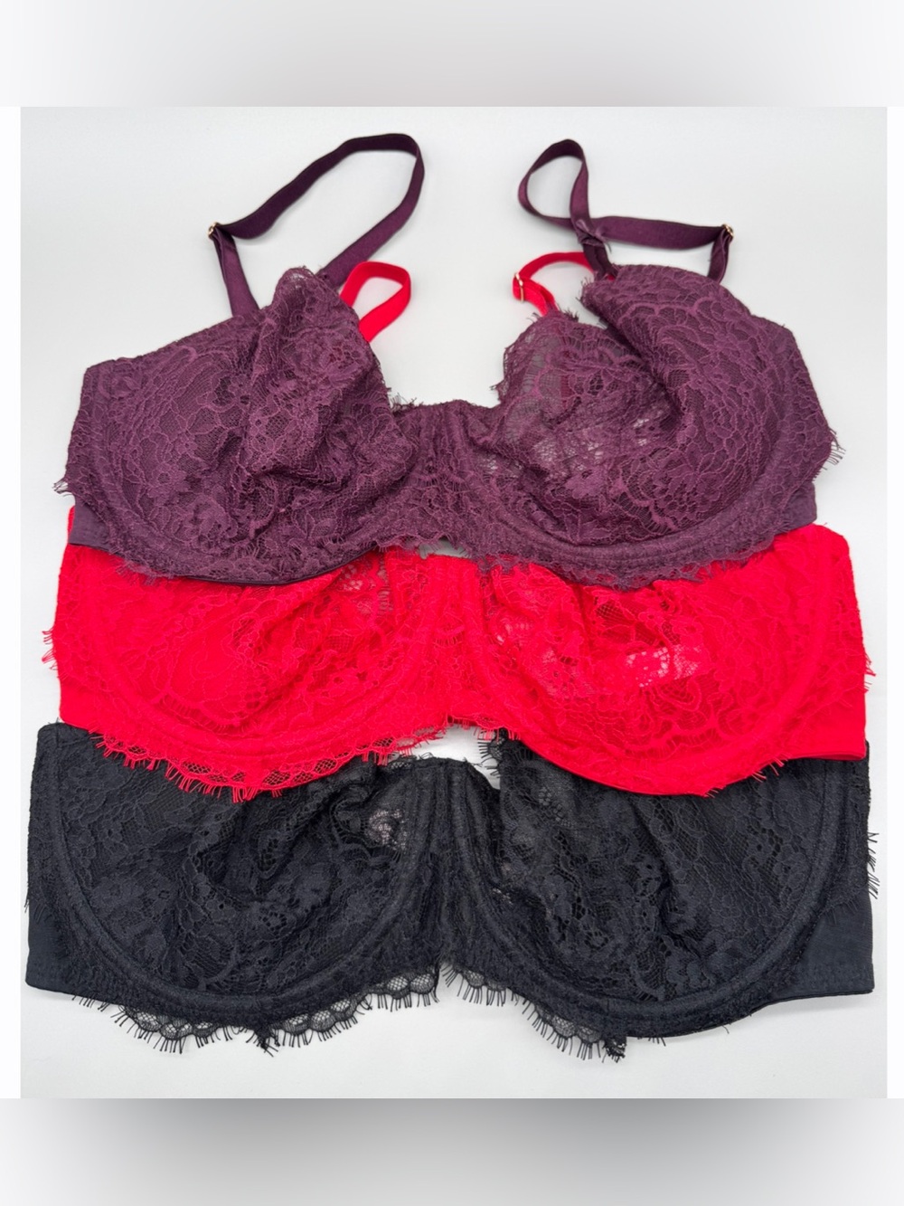 Victoria’s Secret Dream Angels Lace Bra Lot 3 Push Up 38DD Red Black Purple